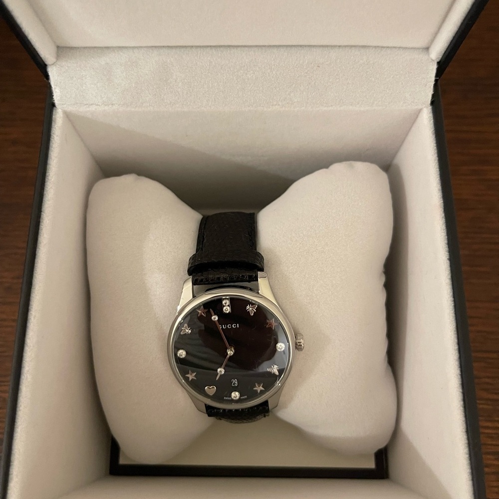 NWT Gucci Black Leather Watch with Silver bees and crystals